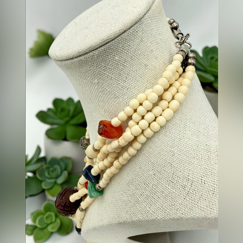 VTG 4 Strand Carved Bone Bead Necklace Jasper Carnelian Sodalite Agate Boho 24” - Picture 13 of 17